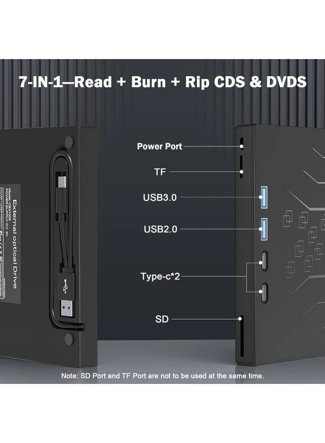 7 In 2 External DVD Drive USB 3 0 Type C Portable CD DVD Burner For Windows Mac PC Laptop - Image 4